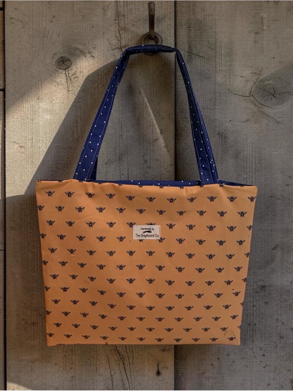Handmade Bee Print Tote Bag in Tan and Navy